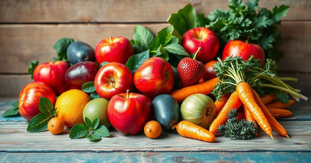 A colorful still life of fruits and vegetables on a rustic wooden table, highlighting healthy eating for cancer survivors.
