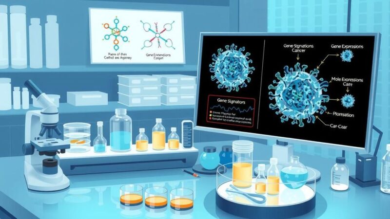 Ilustrasi peneliti di laboratorium dengan alat dan diagram gen terkait penelitian kanker prostat.