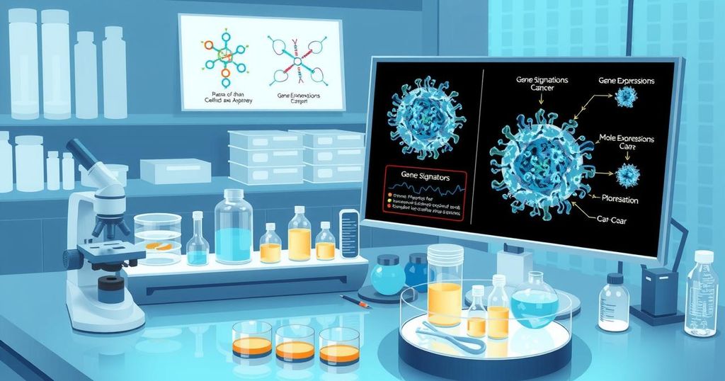 Ilustrasi peneliti di laboratorium dengan alat dan diagram gen terkait penelitian kanker prostat.