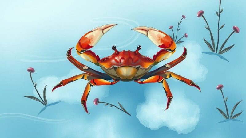 Lunar-themed illustration with a soothing blue color palette, featuring a crab in a calm water setting.