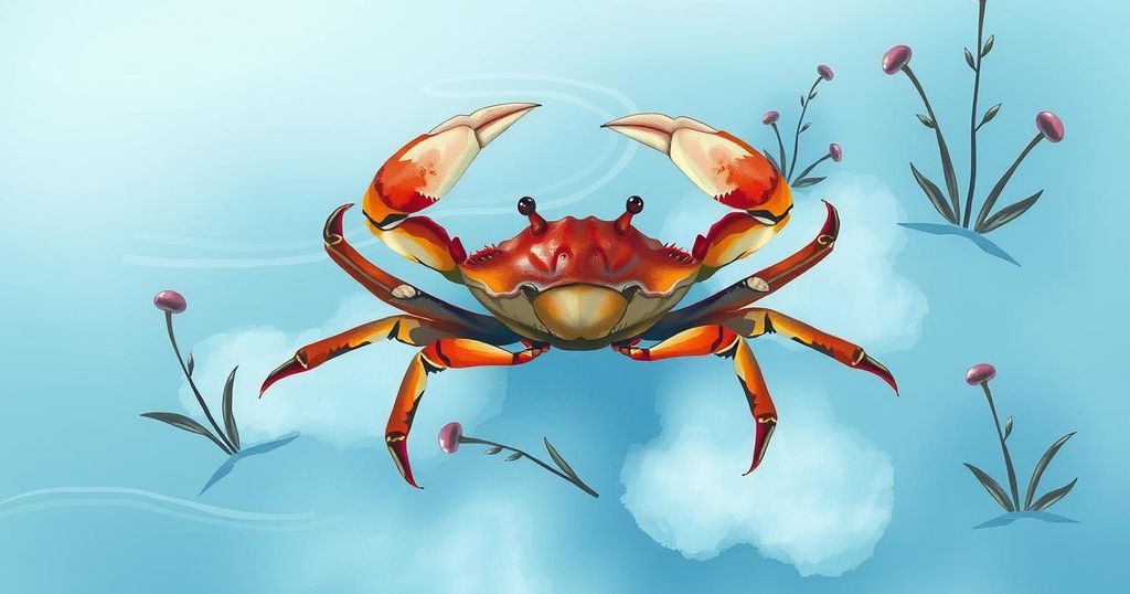 Lunar-themed illustration with a soothing blue color palette, featuring a crab in a calm water setting.