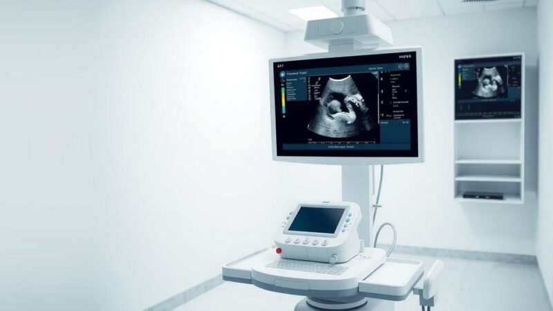 Ultrasound machine enhancing cancer diagnostics in a bright clinical setting, reflecting hope and innovation.