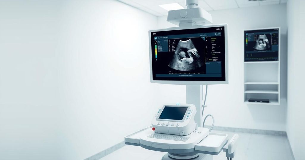 Ultrasound machine enhancing cancer diagnostics in a bright clinical setting, reflecting hope and innovation.