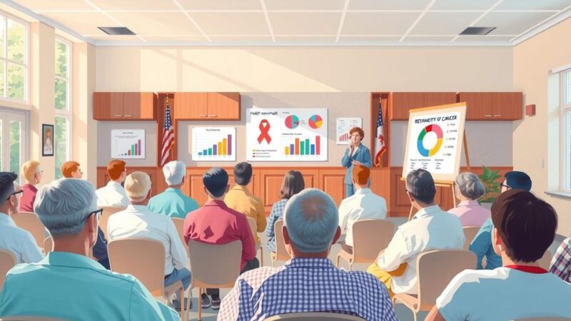 Ilustrasi proyek pencegahan kanker di Henry County dengan tokoh masyarakat dan data kesehatan.