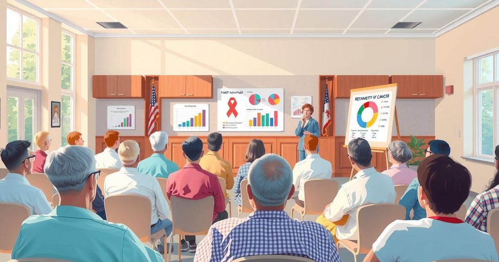 Ilustrasi proyek pencegahan kanker di Henry County dengan tokoh masyarakat dan data kesehatan.