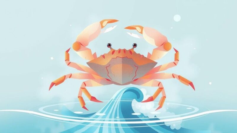 Ilustrasi horoskop Cancer dengan tema cinta dan kerja, warna cerah, gaya seni kontemporer.