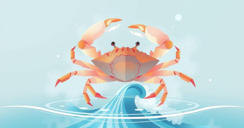 Ilustrasi horoskop Cancer dengan tema cinta dan kerja, warna cerah, gaya seni kontemporer.