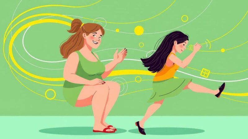 Ilustrasi wanita obesitas duduk lama dengan elemen aktivitas fisik dan gaya ilustrasi yang cerah.