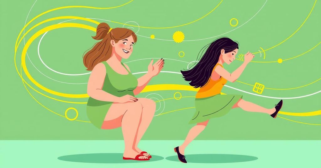 Ilustrasi wanita obesitas duduk lama dengan elemen aktivitas fisik dan gaya ilustrasi yang cerah.