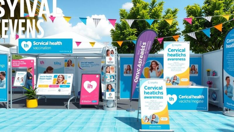 Kegiatan kesadaran screening serviks dengan booth informasi dan visibilitas tinggi di lapangan terbuka.