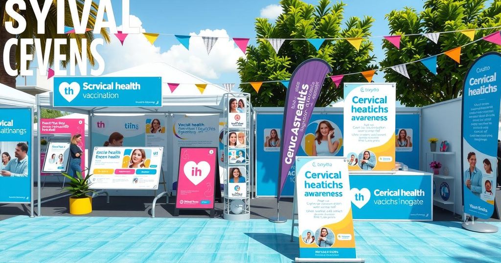 Kegiatan kesadaran screening serviks dengan booth informasi dan visibilitas tinggi di lapangan terbuka.