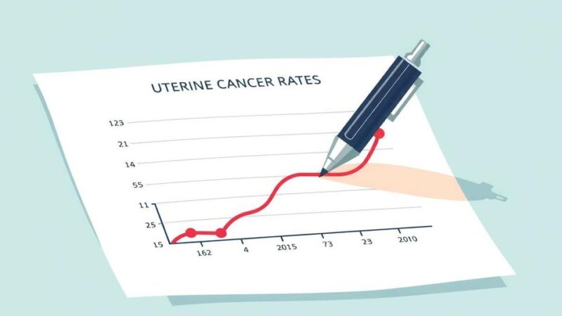 Ilustrasi grafik statistik tentang kanker rahim dengan pena dan kertas, palet warna pastel.