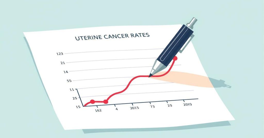 Ilustrasi grafik statistik tentang kanker rahim dengan pena dan kertas, palet warna pastel.