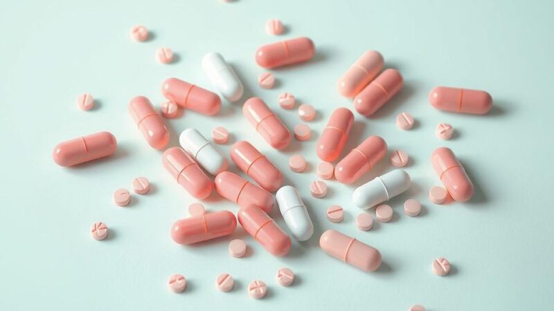 Komposisi imajinatif memperlihatkan pil di atas latar belakang warna cerah, mewakili harapan penelitian obat baru untuk wanita.