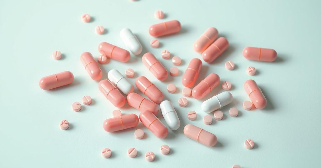 Komposisi imajinatif memperlihatkan pil di atas latar belakang warna cerah, mewakili harapan penelitian obat baru untuk wanita.