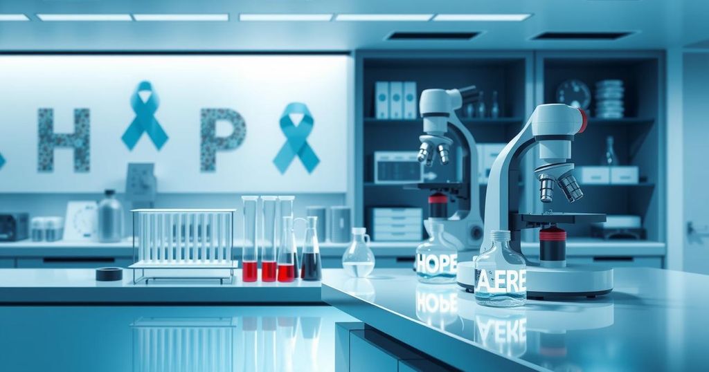 Representasi ilmiah penemuan protein dalam penelitian kanker paru-paru di latar belakang laboratorium.