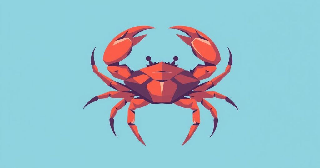 Gambar simbol zodiak Cancer yang elegan dengan latar belakang biru laut yang lembut dan ilustrasi kepiting yang artistik.