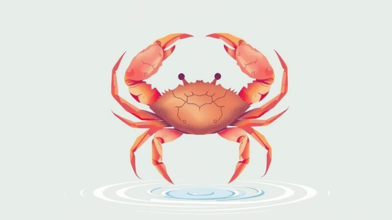 Simbol zodiak Cancer dengan warna lembut, menonjolkan krustasea dan elemen air, menciptakan suasana keseimbangan dan harmoni.
