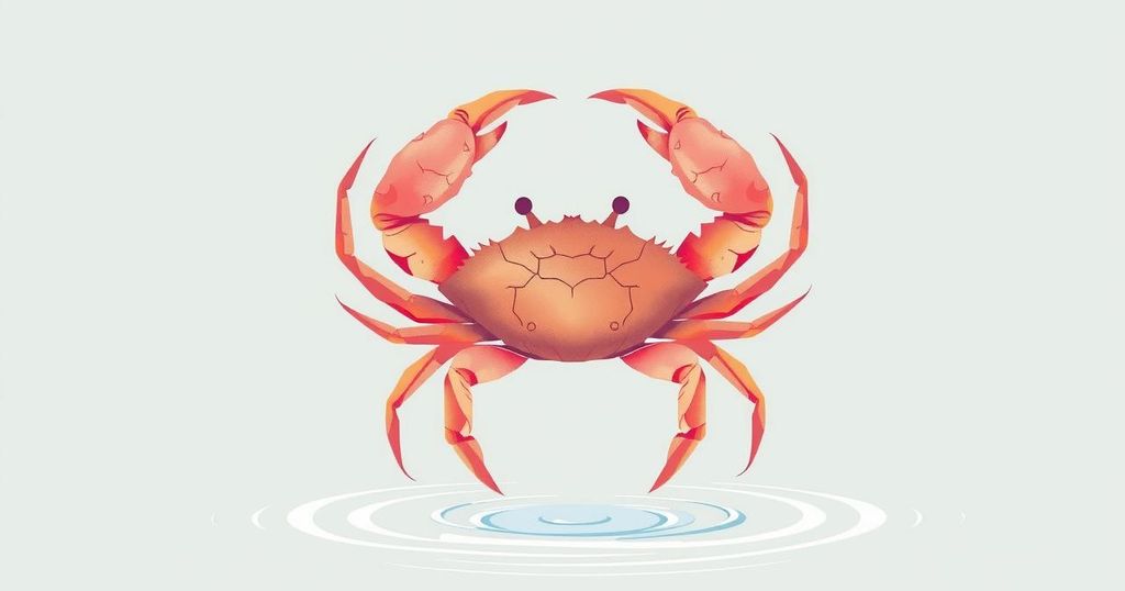 Simbol zodiak Cancer dengan warna lembut, menonjolkan krustasea dan elemen air, menciptakan suasana keseimbangan dan harmoni.