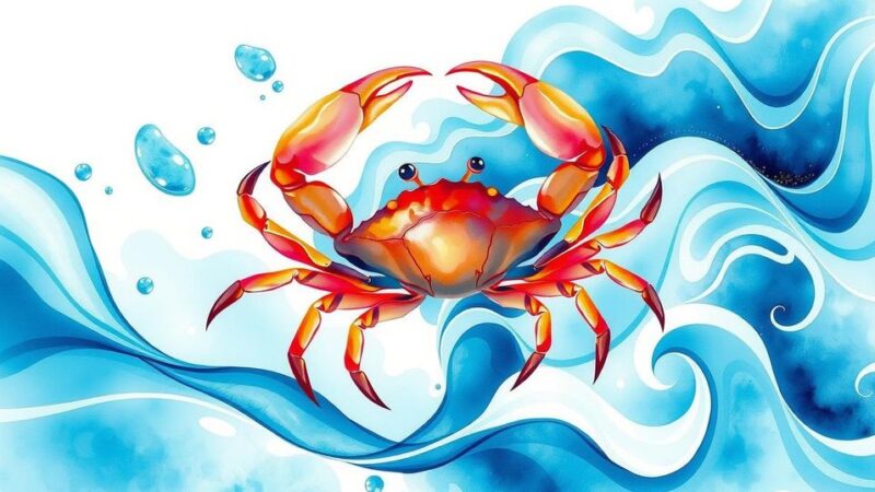 Lively colors depicting growth, with abstract water elements symbolizing the Cancer zodiac sign, featuring a crab.