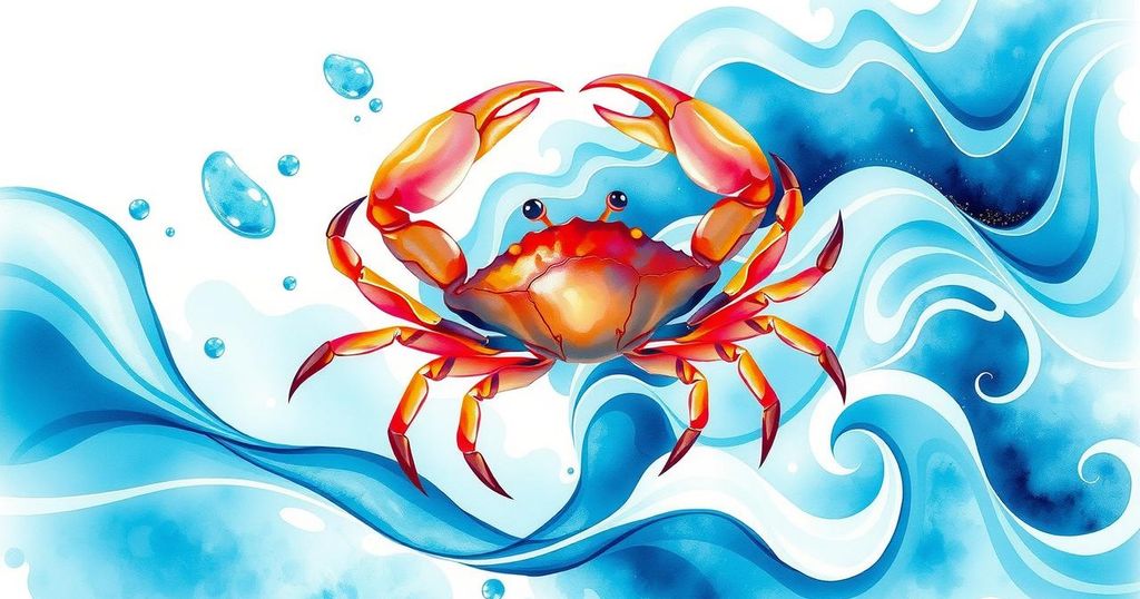 Lively colors depicting growth, with abstract water elements symbolizing the Cancer zodiac sign, featuring a crab.