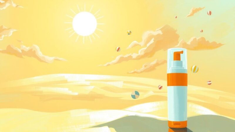 Lanskap cerah dengan matahari bersinar, pantai berpasir lembut, dan botol tabir surya di latar depan, penuh warna.