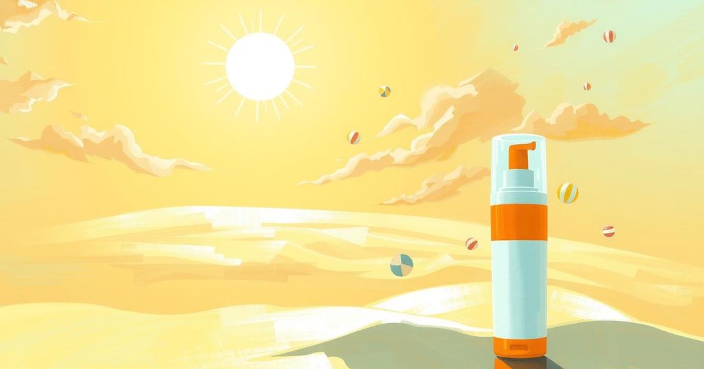 Lanskap cerah dengan matahari bersinar, pantai berpasir lembut, dan botol tabir surya di latar depan, penuh warna.
