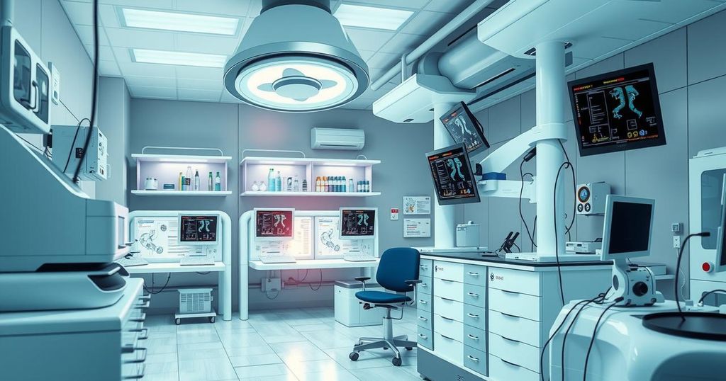 Ilustrasi laboratorium medis dengan alat dan bahan penelitian terapi target untuk kanker paru-paru.