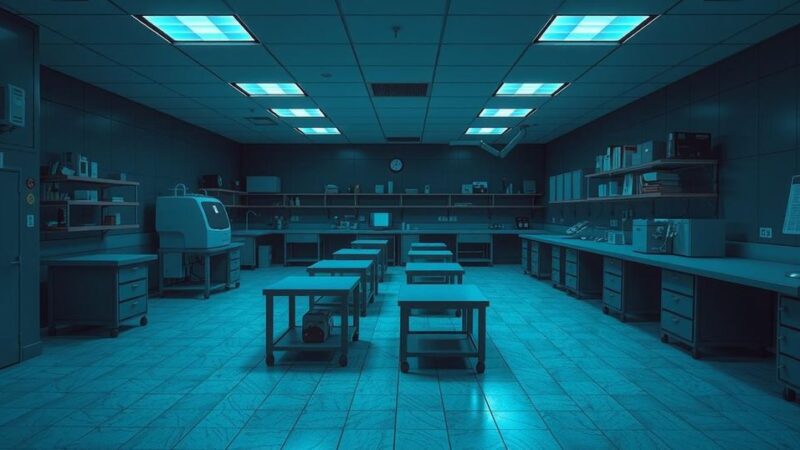 Gloomy lab environment symbolizing challenges in cancer research with muted colors.
