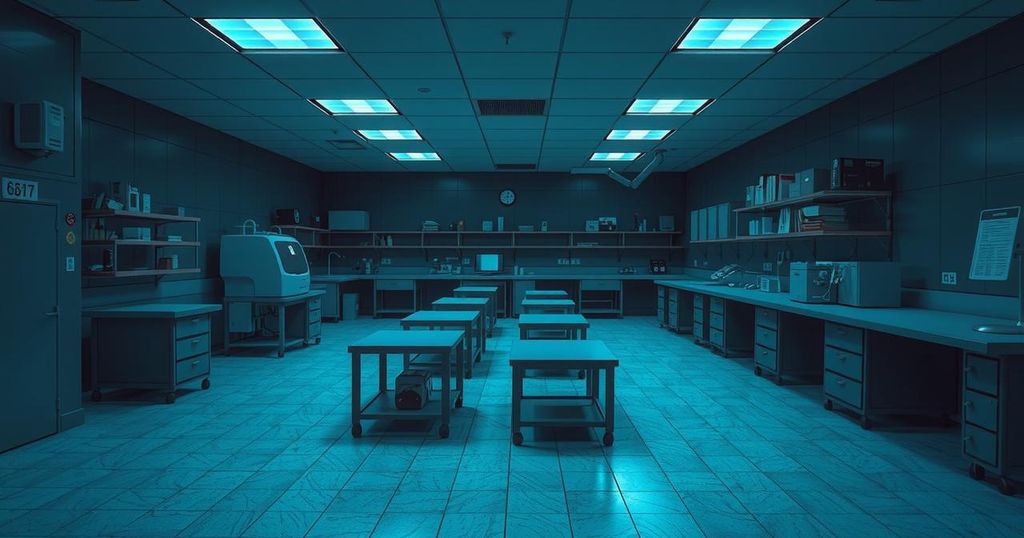 Gloomy lab environment symbolizing challenges in cancer research with muted colors.