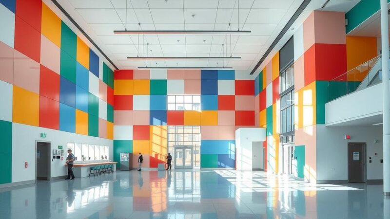 Sebuah pusat perawatan kanker dengan bagian baru yang cerah dan modern, panel transparan warna-warni, serta banyak ruang.