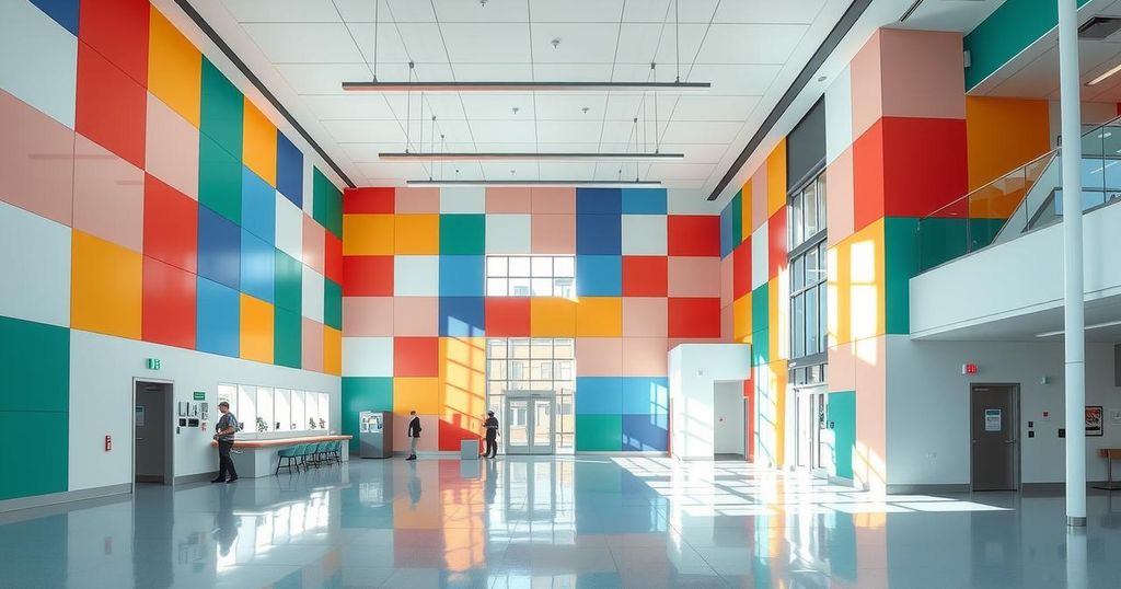 Sebuah pusat perawatan kanker dengan bagian baru yang cerah dan modern, panel transparan warna-warni, serta banyak ruang.
