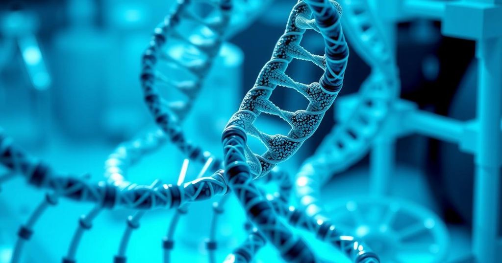 Strands of DNA forming intricate knots with a scientific background, symbolizing research on chemotherapy resistance.