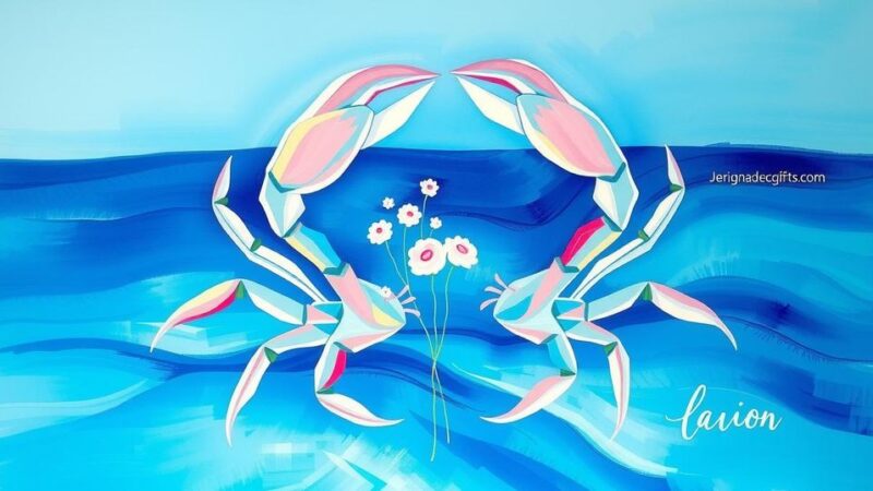 Lukisan simbol zodiak Cancer dengan warna cerah dan latar belakang laut, menggambarkan sifat belas kasih dan romansa.