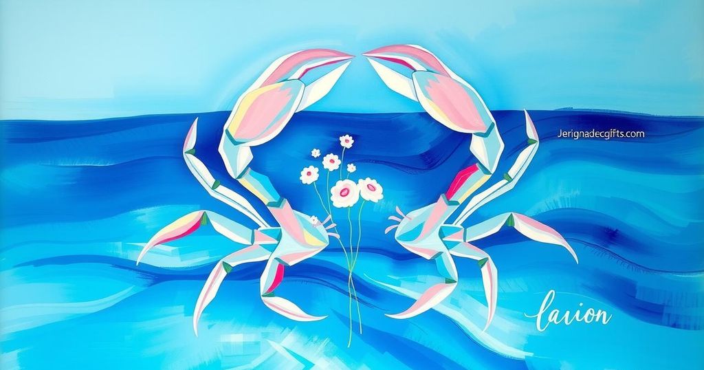 Lukisan simbol zodiak Cancer dengan warna cerah dan latar belakang laut, menggambarkan sifat belas kasih dan romansa.