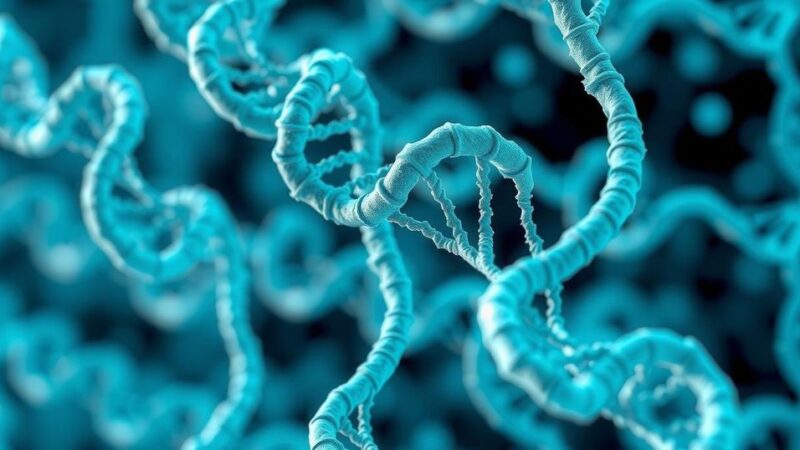 Gambar detail struktur gen yang kompleks dengan tema biologi sel dan warna biru-hijau.