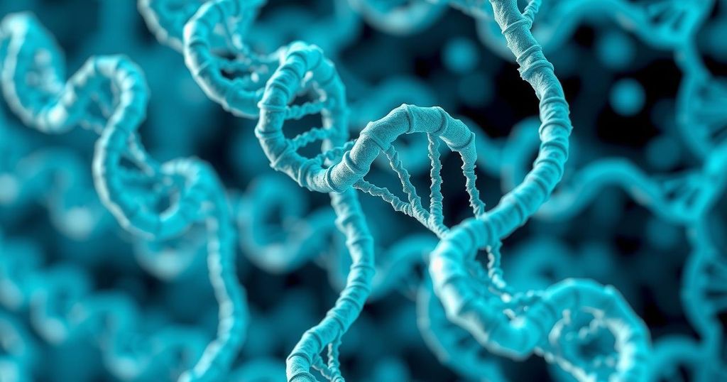 Gambar detail struktur gen yang kompleks dengan tema biologi sel dan warna biru-hijau.
