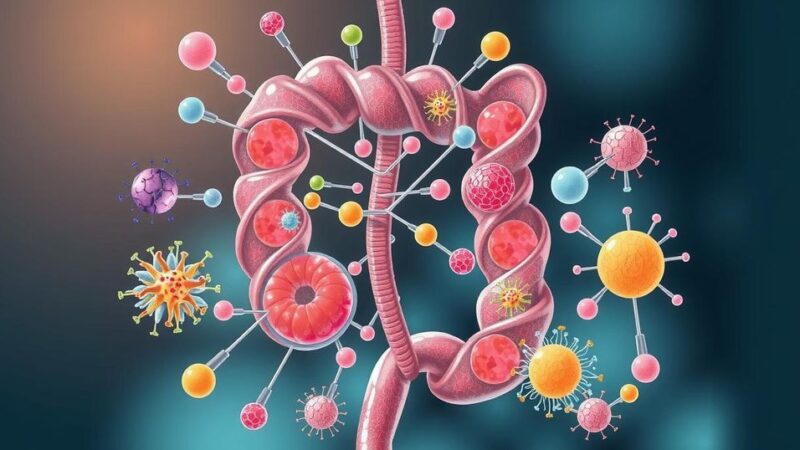 Ilustrasi mikrobioma usus dan metabolit relevan untuk kemoterapi pada kanker payudara, dalam nuansa warna lembut.