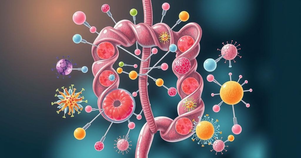 Ilustrasi mikrobioma usus dan metabolit relevan untuk kemoterapi pada kanker payudara, dalam nuansa warna lembut.