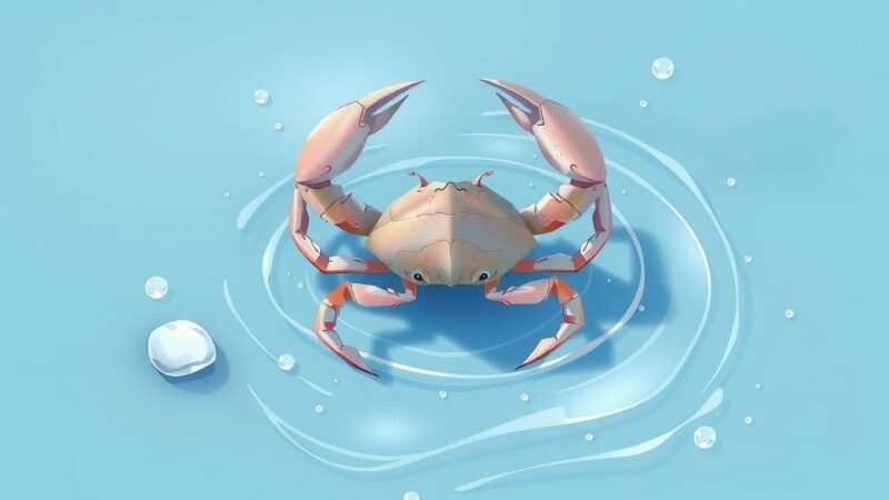 Ilustrasi ramalan zodiak Cancer dengan tema keseimbangan dan kejelasan, dalam palet warna putih dan biru muda.