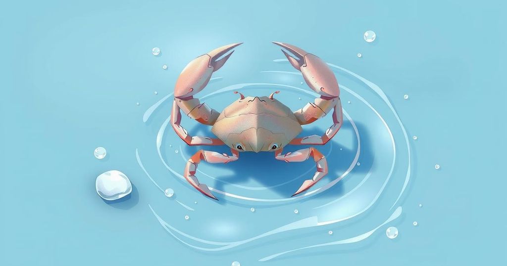 Ilustrasi ramalan zodiak Cancer dengan tema keseimbangan dan kejelasan, dalam palet warna putih dan biru muda.
