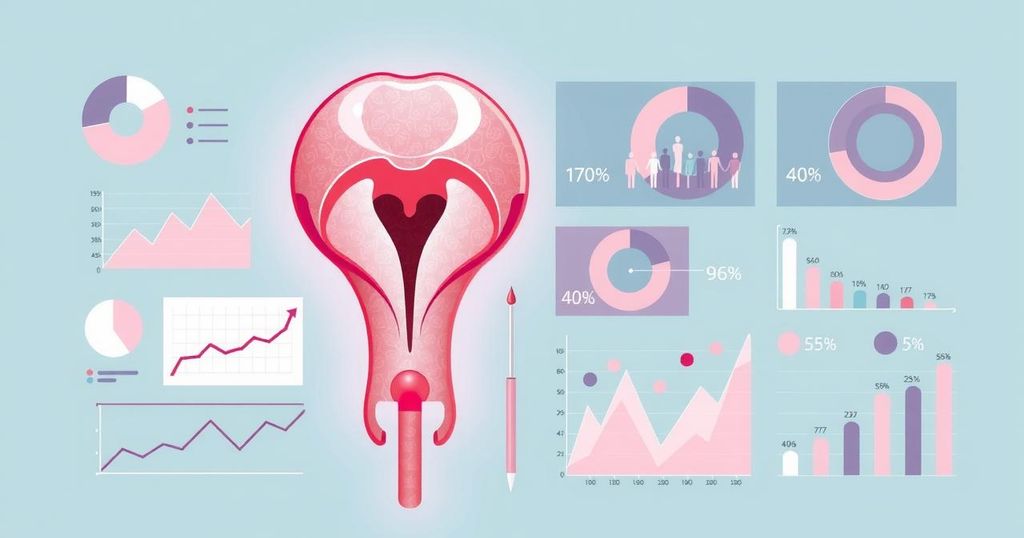 Ilustrasi riset tentang kanker serviks pada wanita tua dengan latar belakang medis dan elemen data.