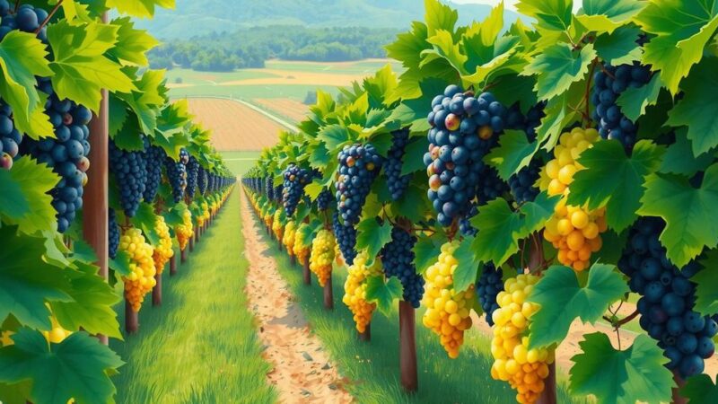 Grapevines and fruits representing growth and treatment progress in oncology, showcasing vibrant colors and abstract forms.