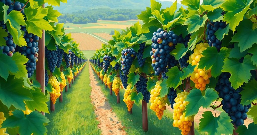 Grapevines and fruits representing growth and treatment progress in oncology, showcasing vibrant colors and abstract forms.