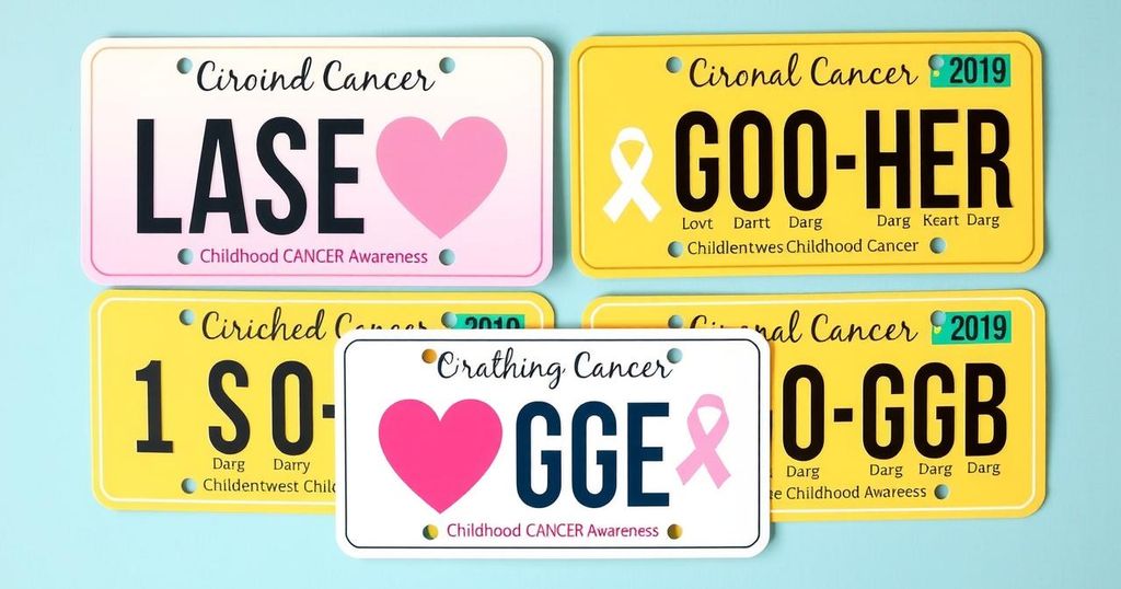 Plates for childhood cancer awareness with bright colors and heartfelt designs.